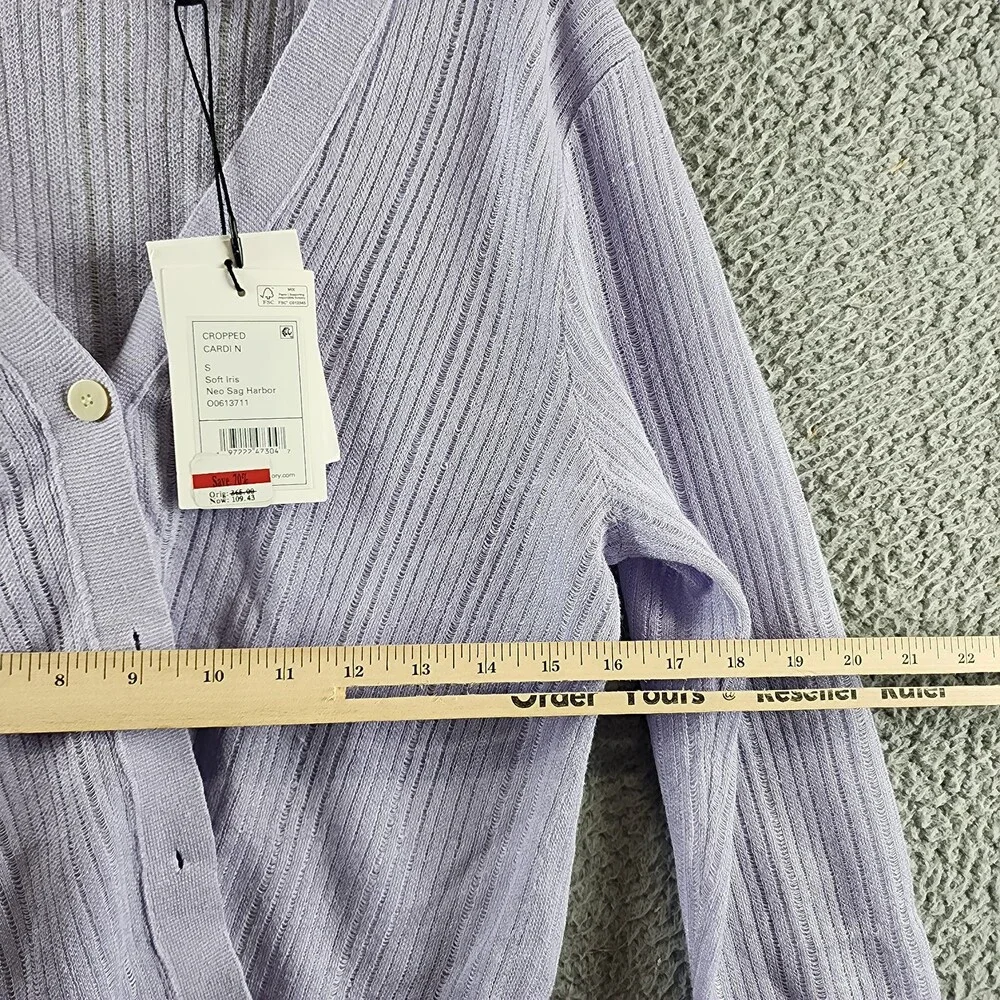 Theory Cropped Cardigan Women's S Soft Iris V-Neck Linen Blend Button Front L/S - Picture 8 of 14